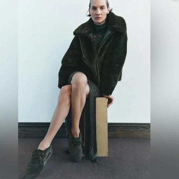 ZARA | NWOT FAUX FUR JACKET ZW COLLECTION DARK GREEN KHAKI TEDDY COAT | EXTRA SM - Picture 12 of 12